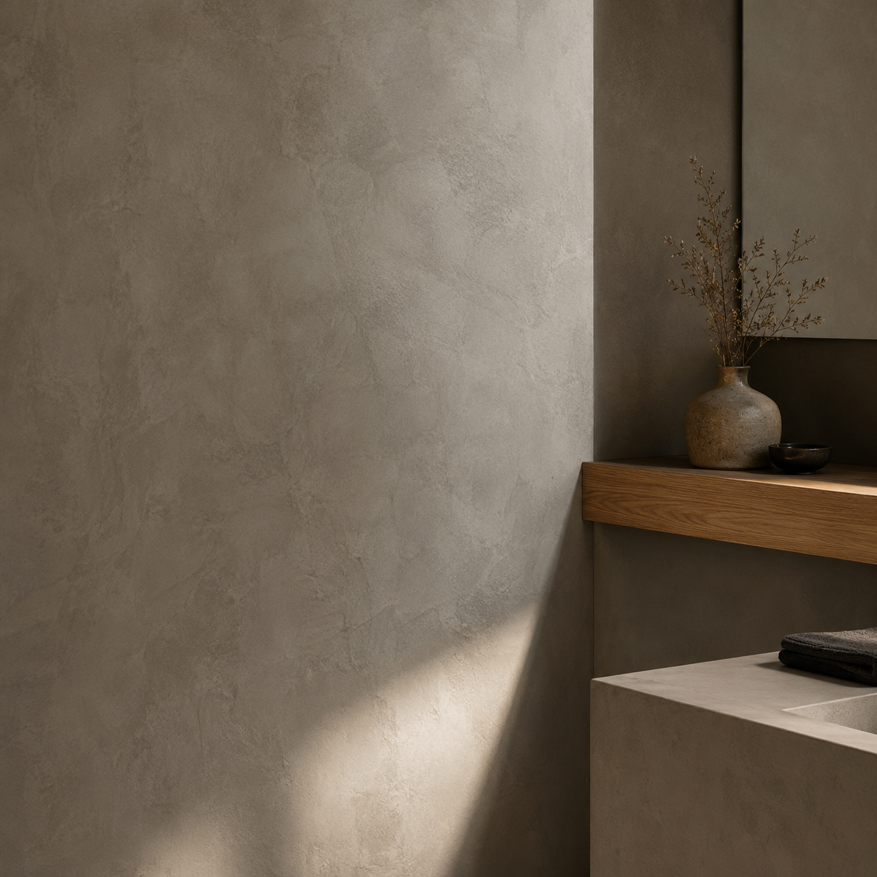 Betonlook wand in warm grijs microcement met een zwevende eiken plank