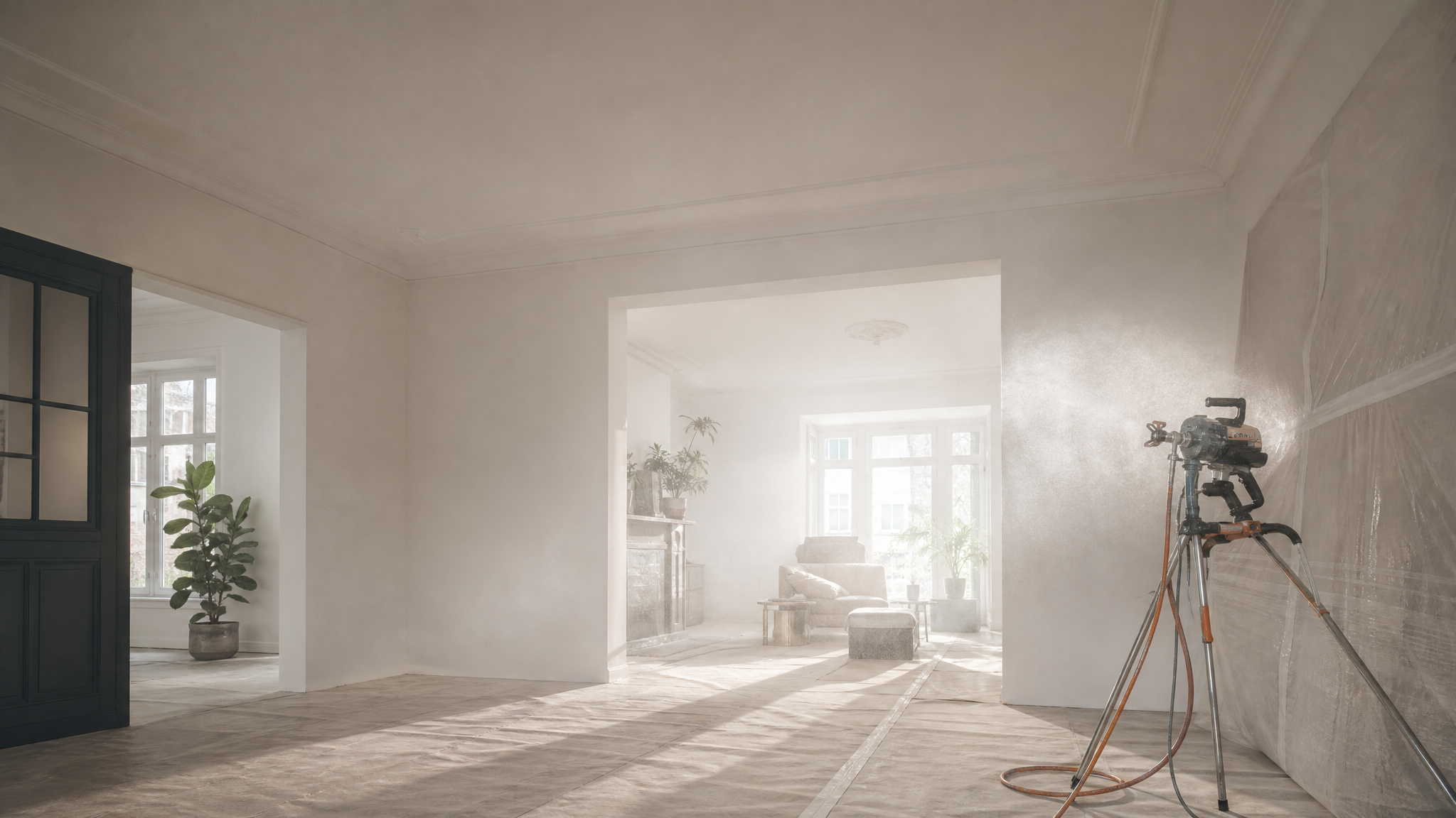 Vers gespoten witte wanden en plafond in een lichte woonruimte, spuitnevel in het tegenlicht