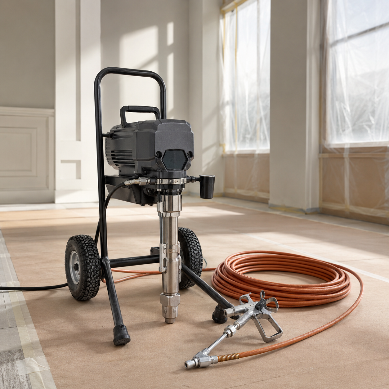 Professionele airless spuitinstallatie met hogedrukslang in een ruimte tijdens renovatie